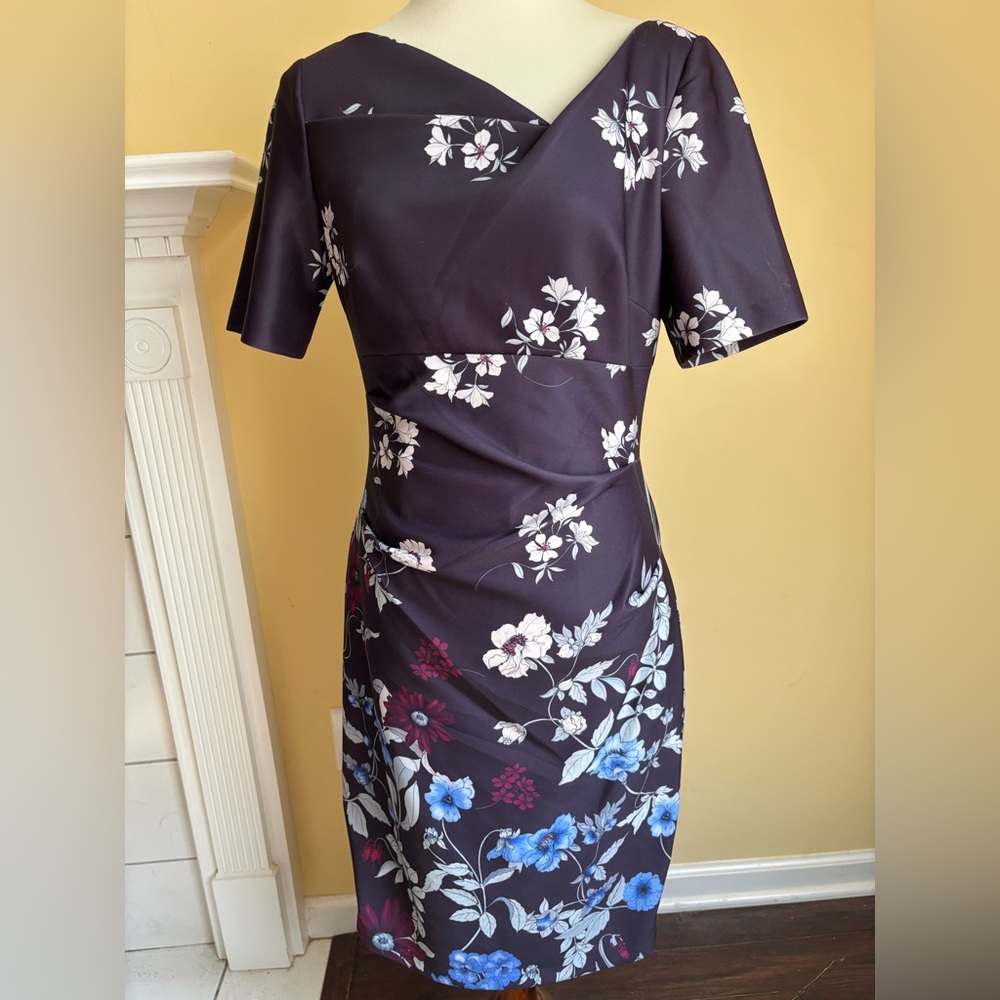Adriana Papell Size 8 Floral Dress, Rich Plum, Scuba Sheath